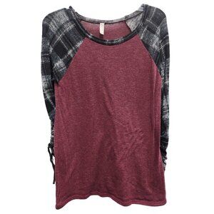 Flamingo Urban Tunic Top Medium Maroon Black Plaid Long Sleeve BOHO Casual